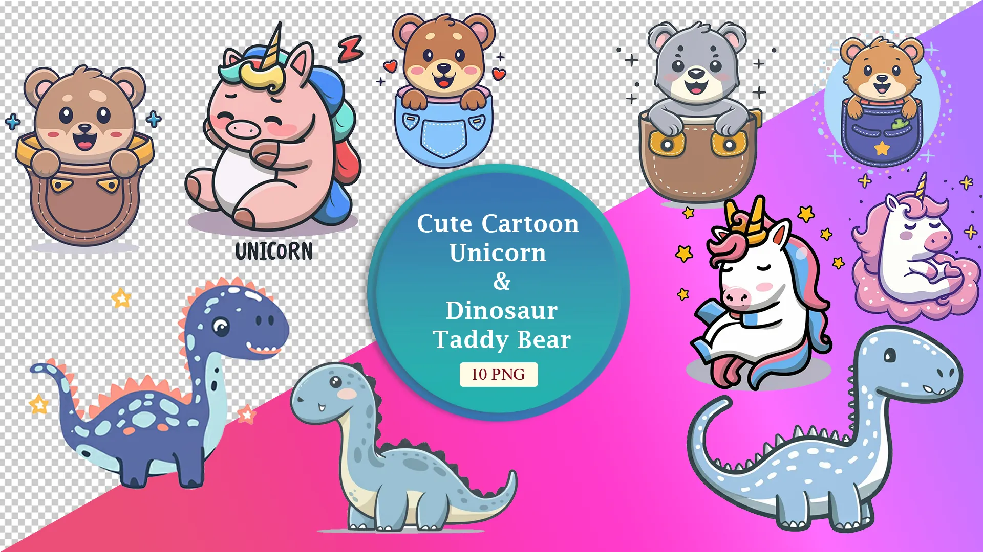 Unicorn and Dinosaur Cartoon Set for Children's Design Pack